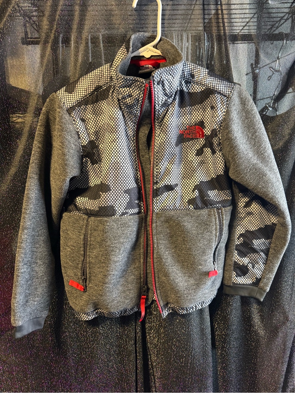 The North Face Kids Gray Camo Zip-Up Hoodie with Red Trim